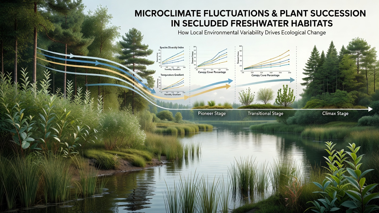 Close-up of plant communities along a freshwater margin showing transitions from submerged to emergent vegetation under varying microclimate conditions