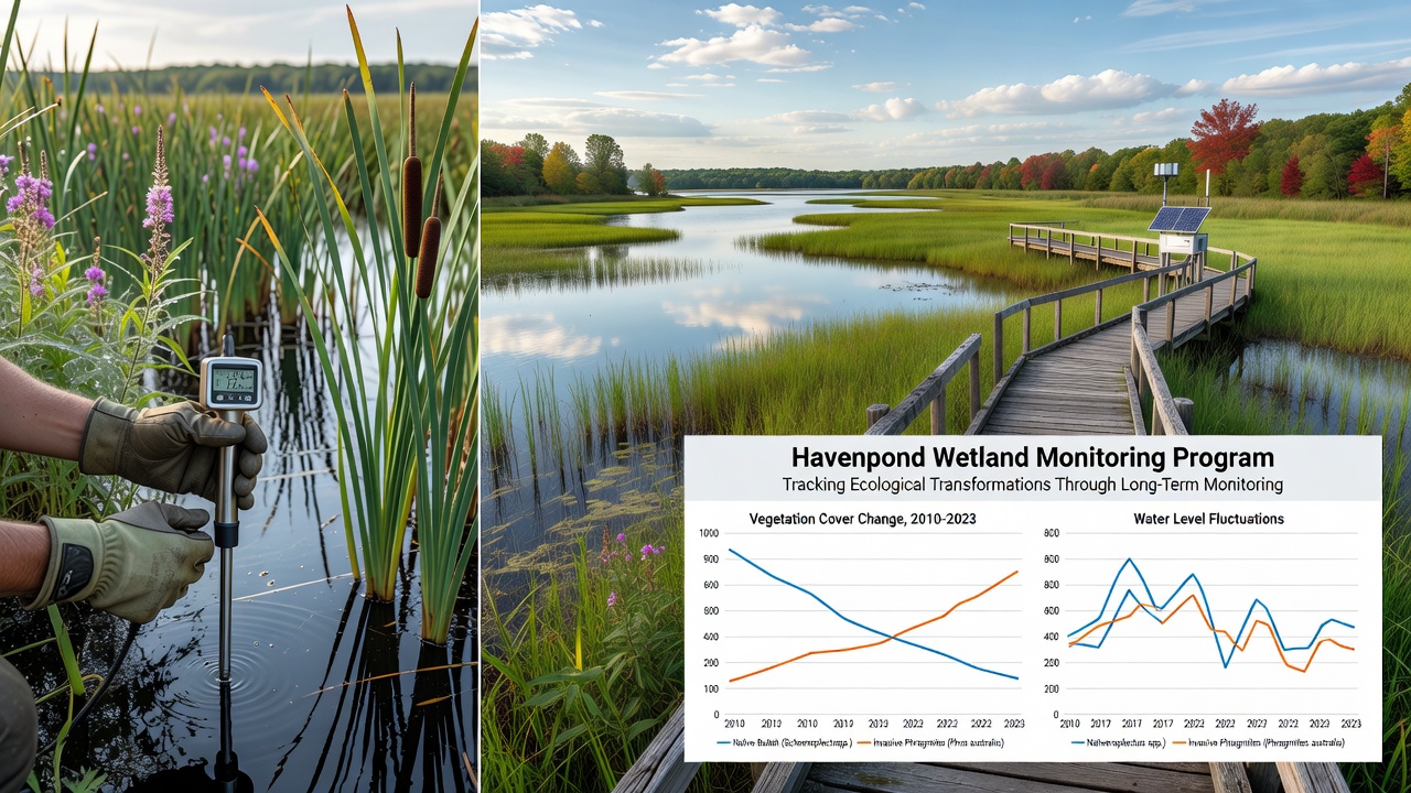 Researchers installing water quality sensors along a transect in the Havenpond wetland system